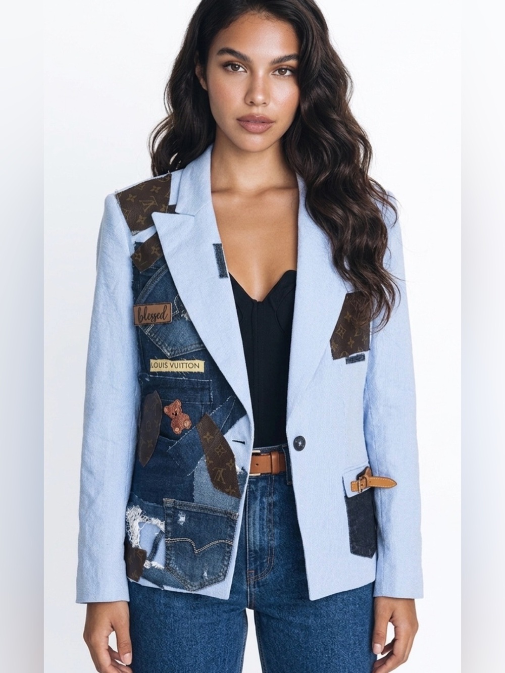 Upcycled designer inspired Light Blue Patchwork Monogram Blazer size L